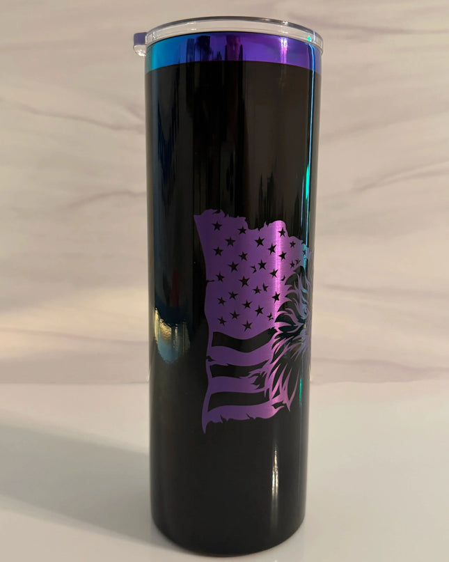 Black electroplated tumbler showing purple and blue laser engraved American flag stars field, Cactus Air Designs Arizona
