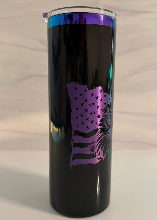 Black electroplated tumbler showing purple and blue laser engraved American flag stars field, Cactus Air Designs Arizona