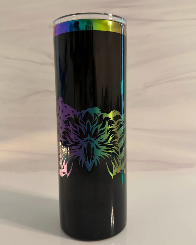 Black 20 oz skinny electroplated tumbler with laser engraved patriotic eagle and American flag design in rainbow metallic, Cactus Air Designs