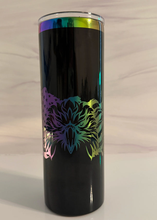 Black 20 oz skinny electroplated tumbler with laser engraved patriotic eagle and American flag design in rainbow metallic, Cactus Air Designs