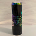 Black 20 oz skinny electroplated tumbler with laser engraved patriotic eagle and American flag design in rainbow metallic, Cactus Air Designs