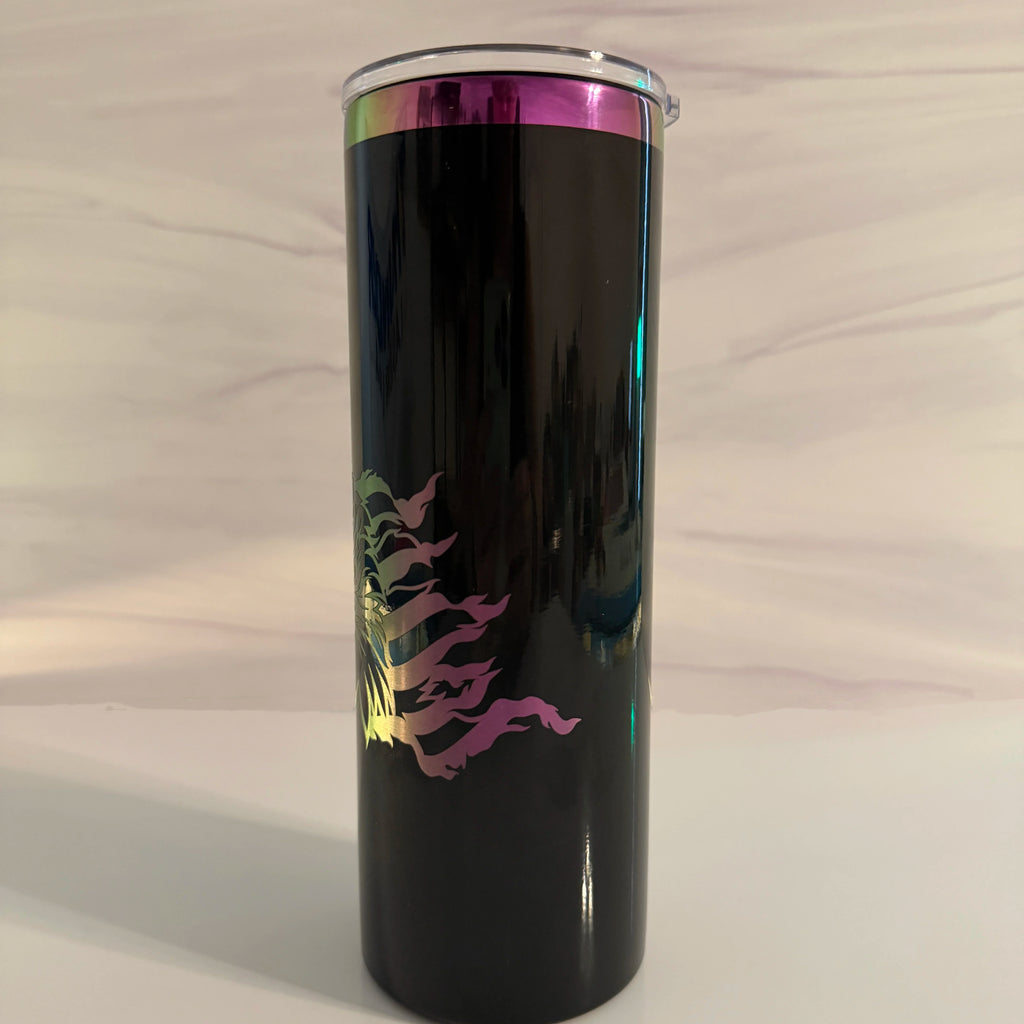 Side view of black electroplated tumbler showing waving American flag portion of laser engraved patriotic eagle design in pink and gold tones