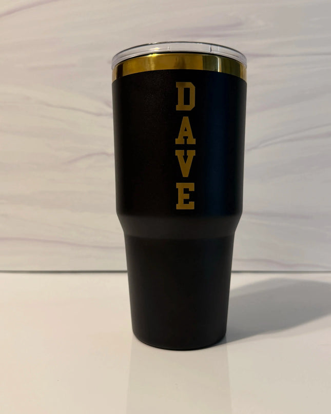 Black and gold electroplated 30 oz tumbler personalized with the name DAVE in vertical stacked letters, laser engraved by Cactus Air Designs
