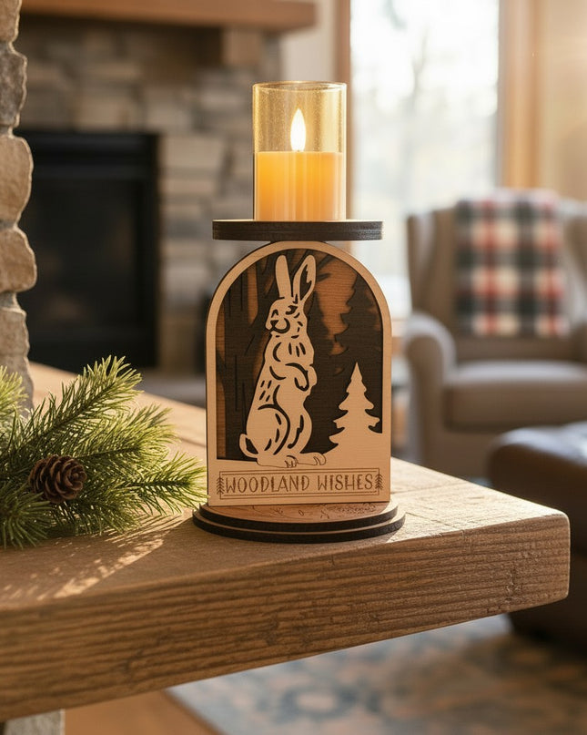 Decorative candle holder with rabbit design on a mantelpiece in a cozy living room by Cactus Air Designs.