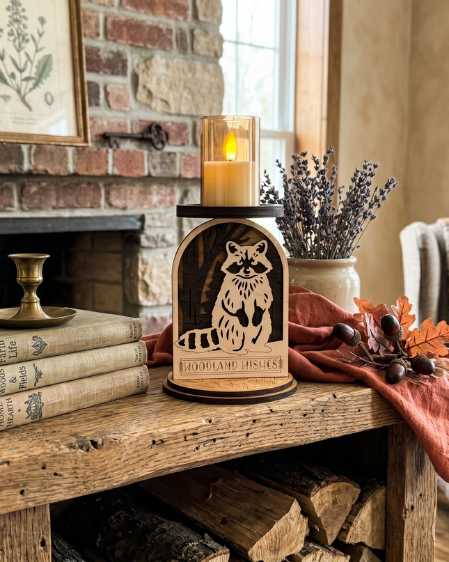 Decorative setup with a raccoon-themed candle holder, books, and plants on a wooden surface by Cactus Air Designs.