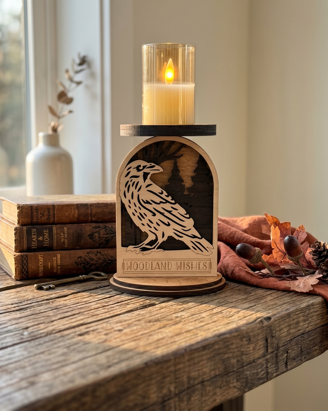 Laser-cut raven woodland candle holder displayed on on a table with LED candle glowing, by a window by Cactus Air Designs
