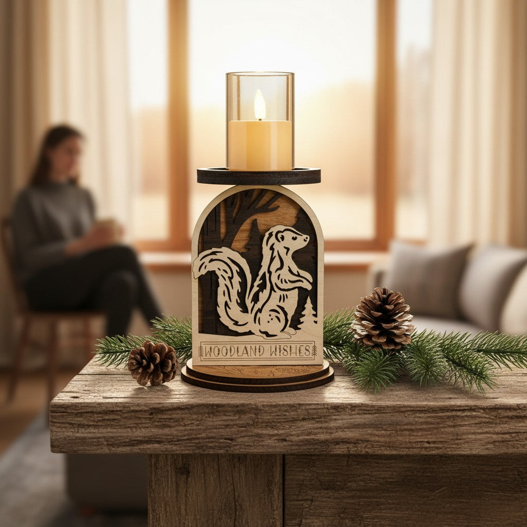 Laser-cut skunk woodland candle holder displayed on rustic wood mantel with LED candle glowing, cozy cabin decor by Cactus Air Designs

