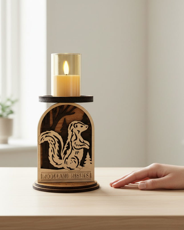 Hand placed next to laser-cut skunk woodland candle holder showing 6.5 inch height, handcrafted wood decor by Cactus Air Designs