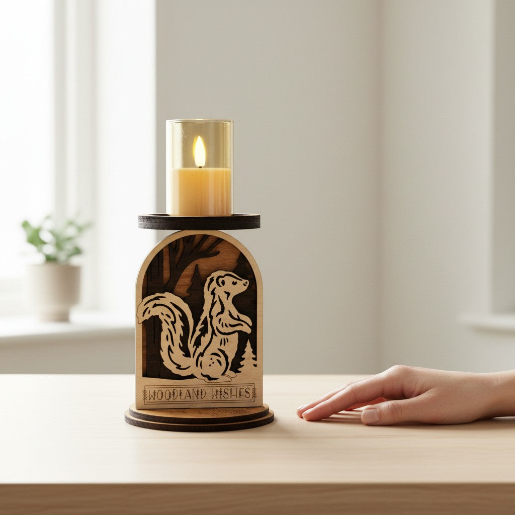 Hand placed next to laser-cut skunk woodland candle holder showing 6.5 inch height, handcrafted wood decor by Cactus Air Designs