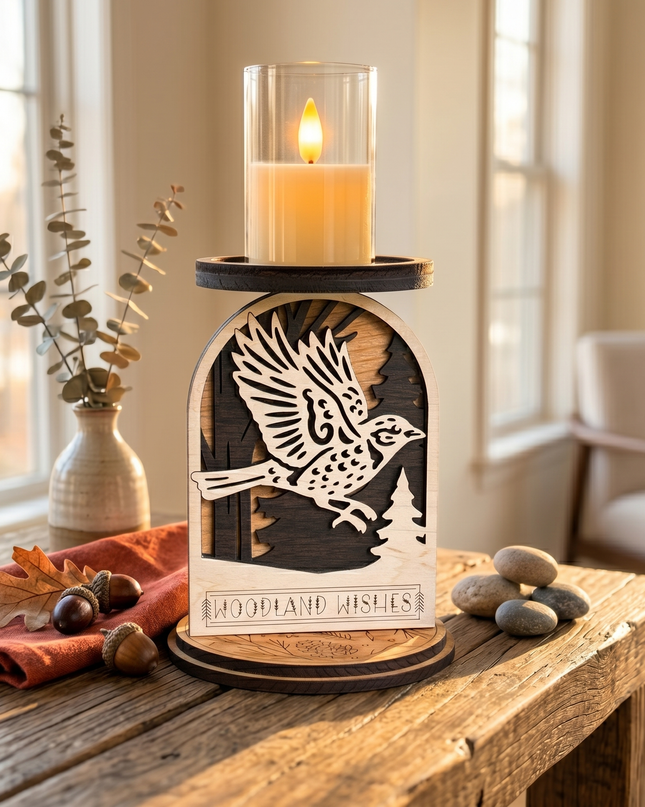 Wooden candle holder with sparrow design and 'Woodland Wishes' text on a wooden table by a window by Cactus Air Designs.