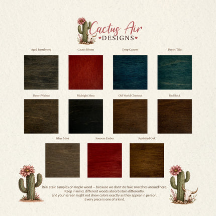 An organized font selection chart for Cactus Air Designs showing 11 different stain options on premium maple plywood.