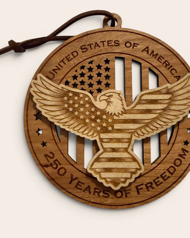 USA 250th Anniversary Eagle with Shield laser cut wood ornament Premium Cherry plywood back Premium Maple plywood front handmade in Arizona
