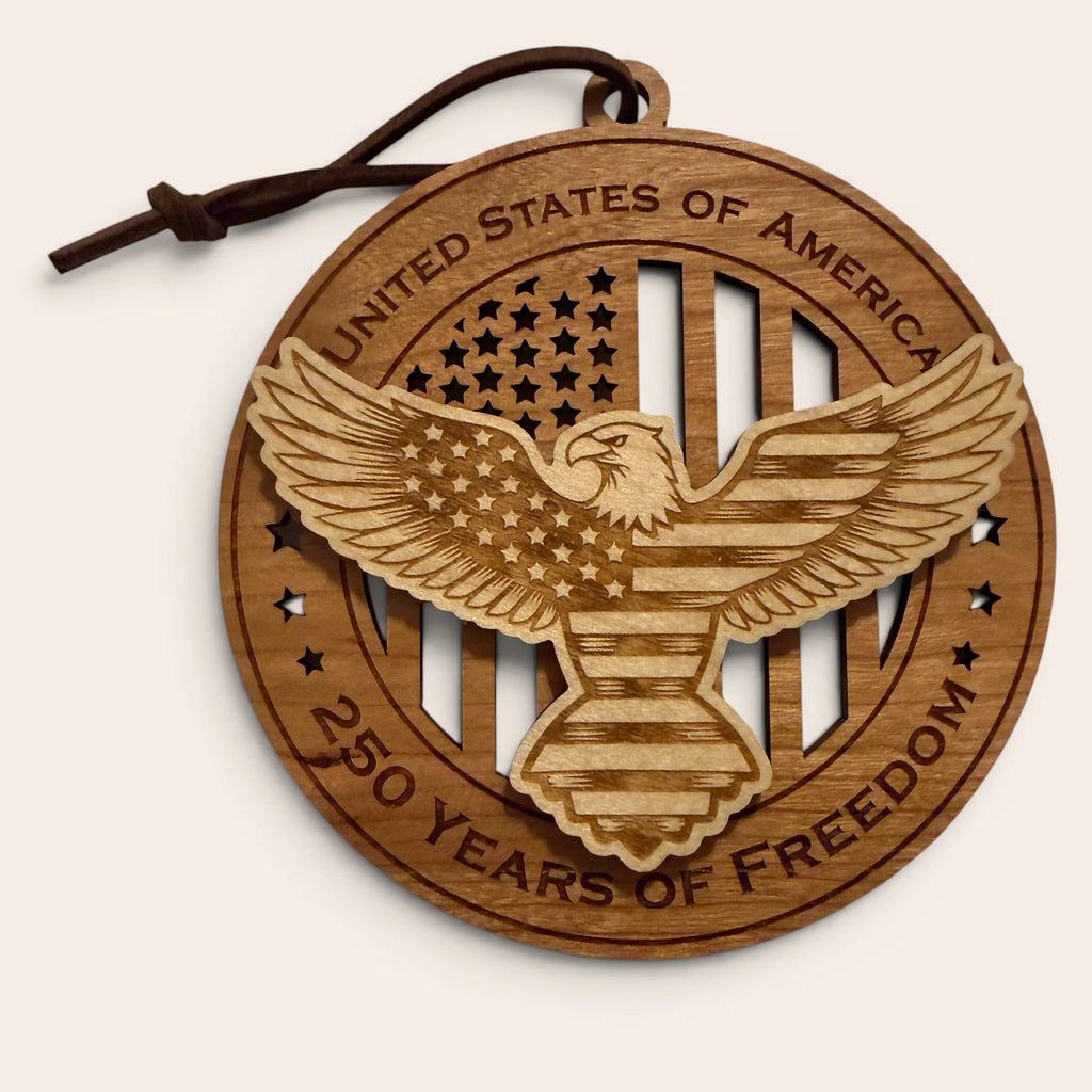 USA 250th Anniversary Eagle with Shield laser cut wood ornament Premium Cherry plywood back Premium Maple plywood front handmade in Arizona