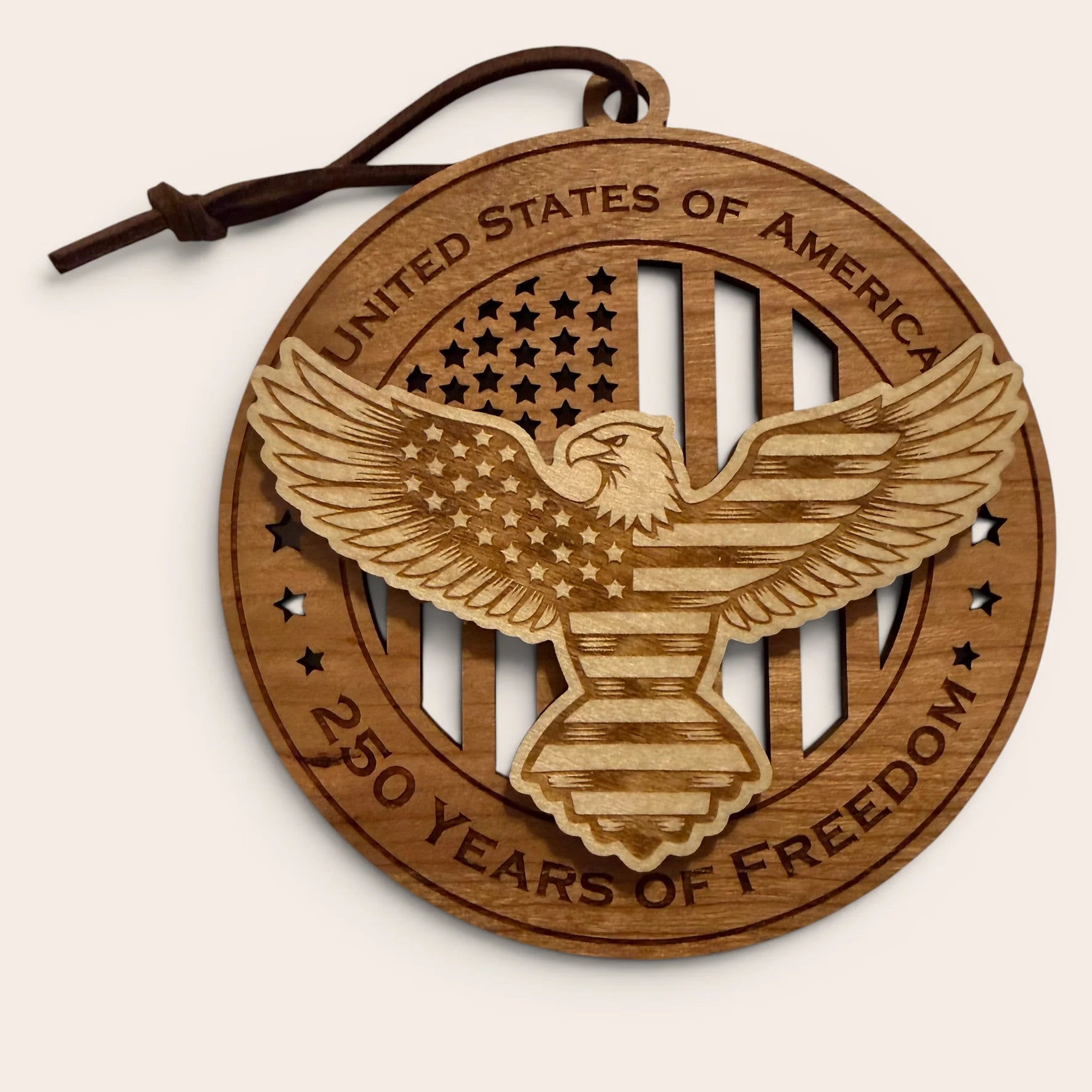 USA 250th Anniversary Eagle with Shield laser cut wood ornament Premium Cherry plywood back Premium Maple plywood front handmade in Arizona