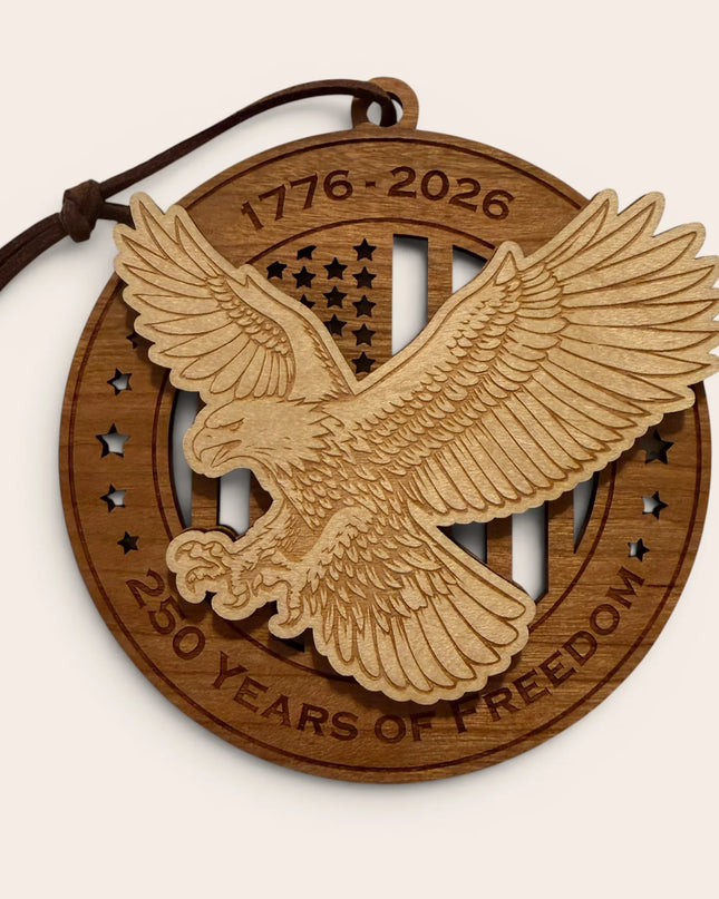 USA 250th Anniversary Bald Eagle laser cut wood ornament Premium Cherry plywood back Premium Maple plywood front handmade in Arizona