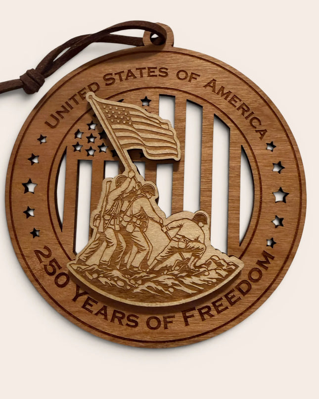 USA 250th Anniversary Flag Raising laser cut wood ornament Premium Cherry plywood back Premium Maple plywood front handmade in Arizona