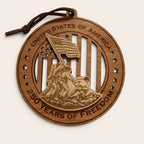 USA 250th Anniversary Flag Raising laser cut wood ornament Premium Cherry plywood back Premium Maple plywood front handmade in Arizona