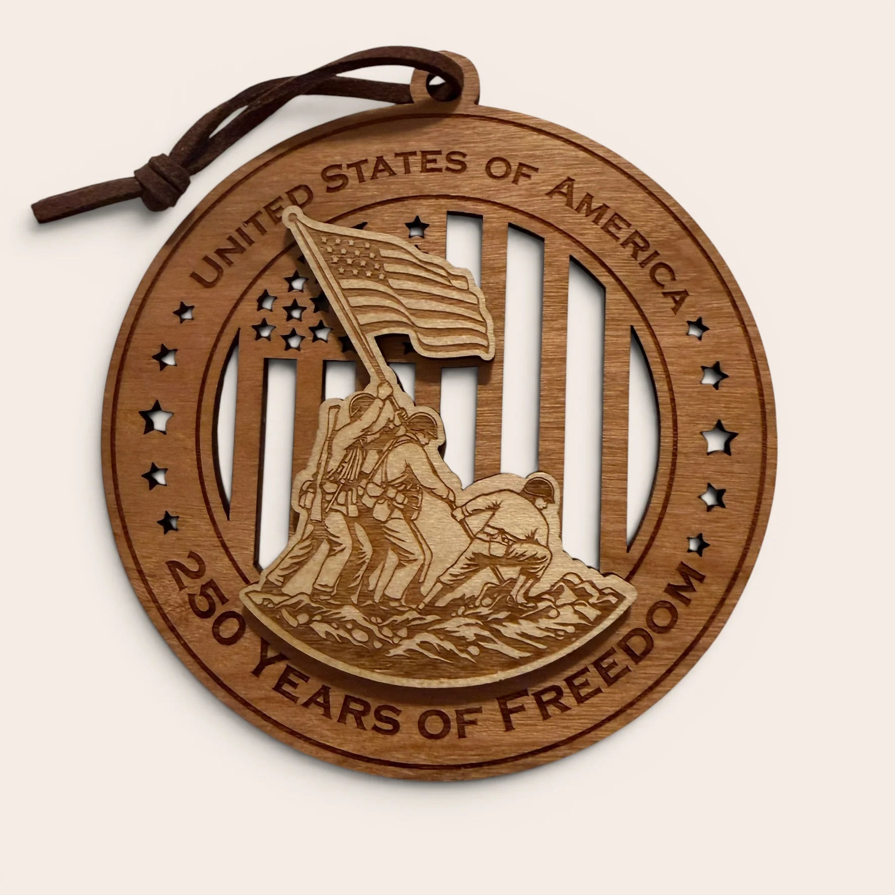USA 250th Anniversary Flag Raising laser cut wood ornament Premium Cherry plywood back Premium Maple plywood front handmade in Arizona