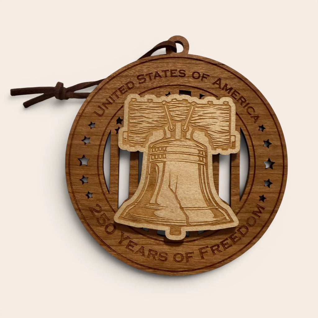 USA 250th Anniversary Liberty Bell laser cut wood ornament Premium Cherry plywood back Premium Maple plywood front handmade in Arizona