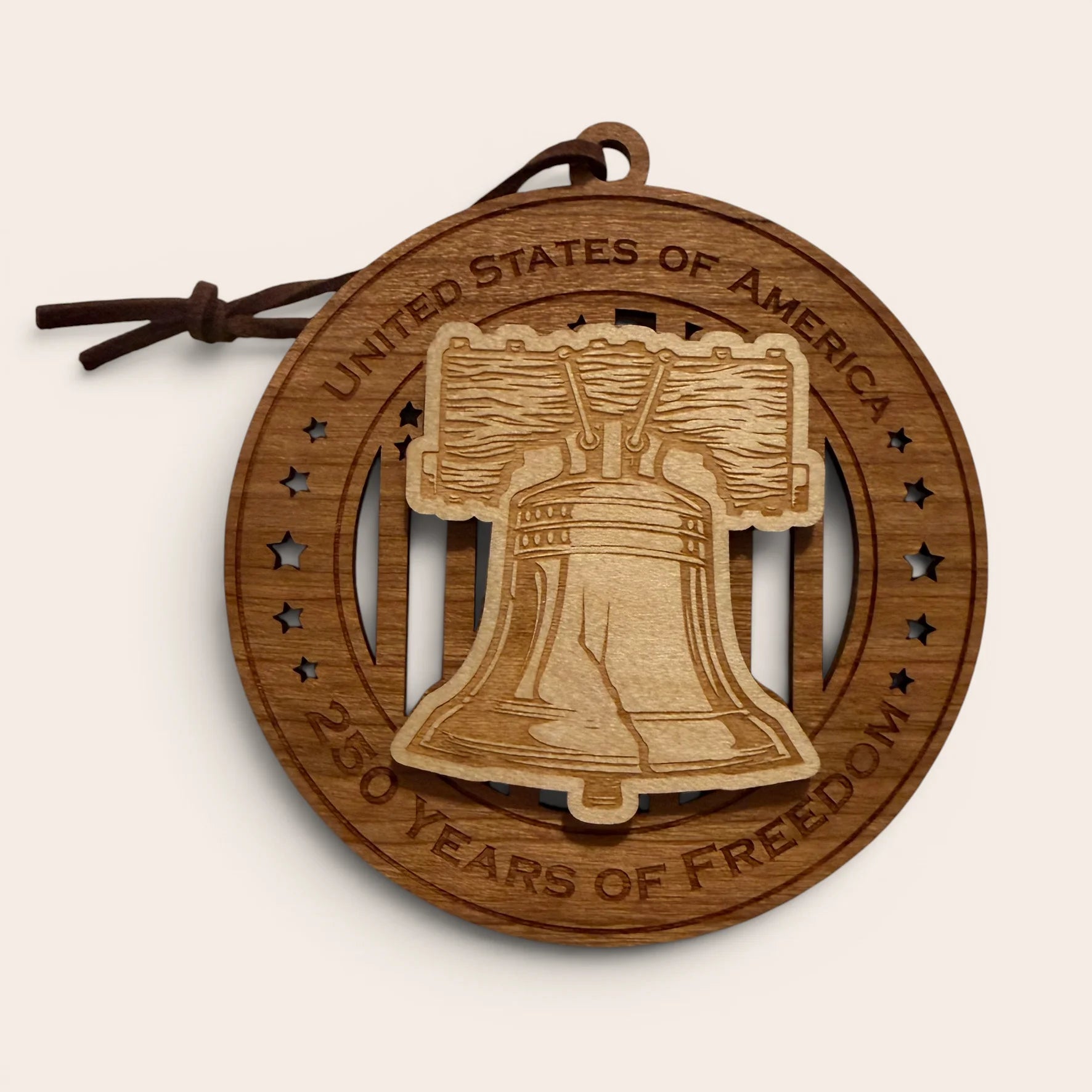 USA 250th Anniversary Liberty Bell laser cut wood ornament Premium Cherry plywood back Premium Maple plywood front handmade in Arizona