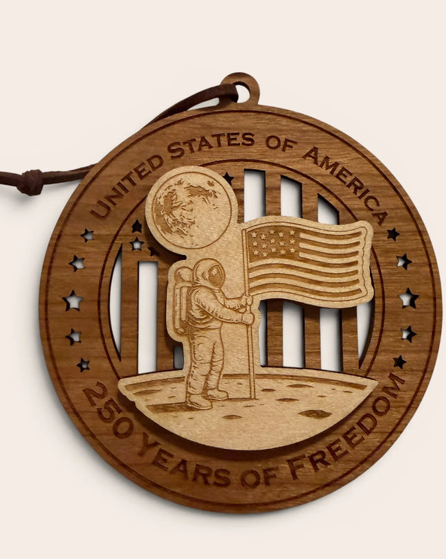 USA 250th Anniversary Moon Landing laser cut wood ornament Premium Cherry plywood back Premium Maple plywood front handmade in Arizona
