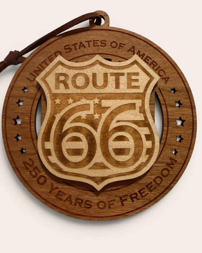 USA 250th Anniversary Route 66 laser cut wood ornament Premium Cherry plywood back Premium Maple plywood front handmade in Arizona