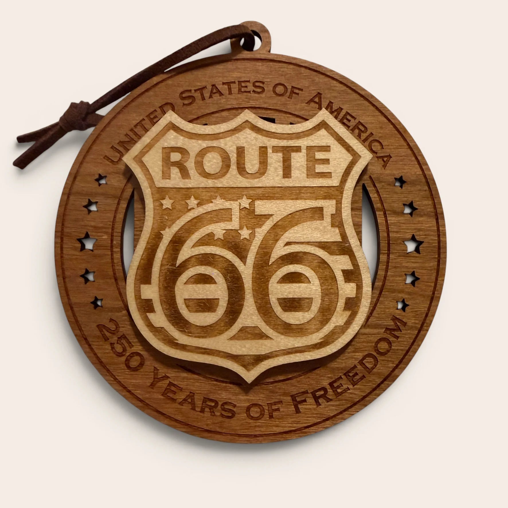 USA 250th Anniversary Route 66 laser cut wood ornament Premium Cherry plywood back Premium Maple plywood front handmade in Arizona