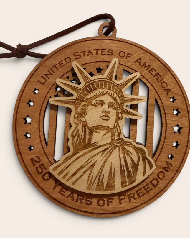USA 250th Anniversary Statue of Liberty laser cut wood ornament Premium Cherry plywood back Premium Maple plywood front handmade in Arizona