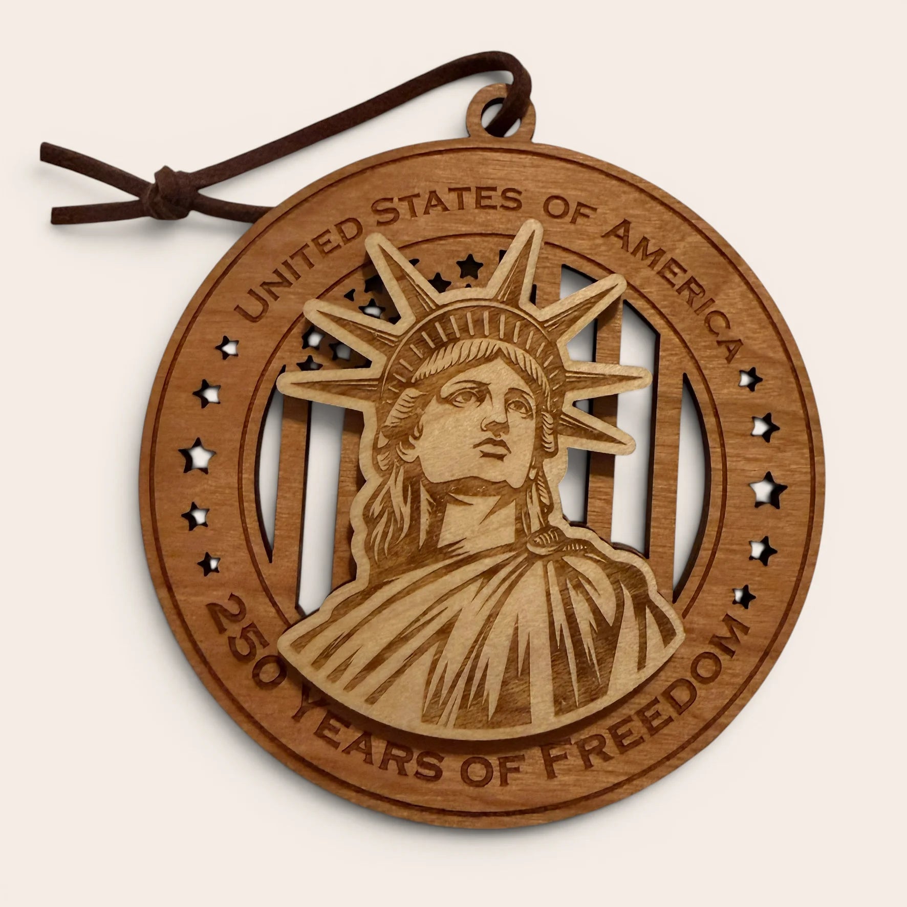 USA 250th Anniversary Statue of Liberty laser cut wood ornament Premium Cherry plywood back Premium Maple plywood front handmade in Arizona