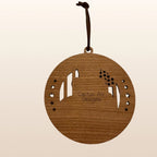 Back of USA 250th Anniversary Uncle Sam ornament showing Cactus Air Designs maker's mark on Premium Cherry plywood with leather cord hanger