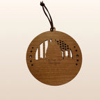 Back of USA 250th Anniversary US Capitol ornament showing Cactus Air Designs maker's mark on Premium Cherry plywood with leather cord hanger