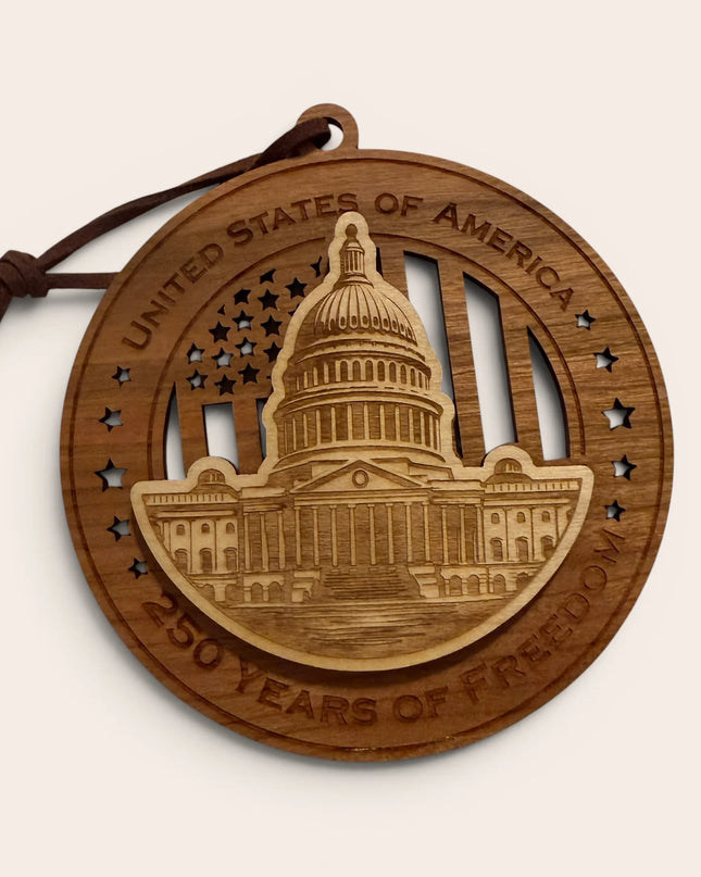 USA 250th Anniversary US Capitol laser cut wood ornament Premium Cherry plywood back Premium Maple plywood front handmade in Arizona