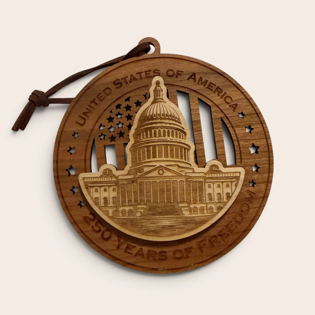 USA 250th Anniversary US Capitol laser cut wood ornament Premium Cherry plywood back Premium Maple plywood front handmade in Arizona