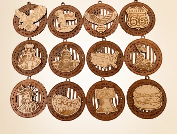 USA 250th Anniversary laser cut wood ornament Premium Cherry plywood back Premium Maple plywood front handmade in Arizona