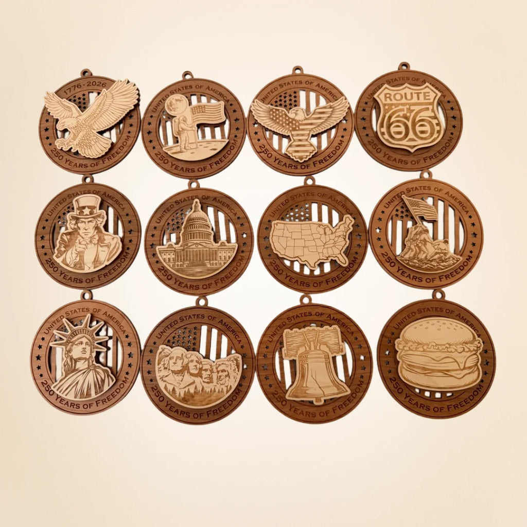 USA 250th Anniversary laser cut wood ornament Premium Cherry plywood back Premium Maple plywood front handmade in Arizona