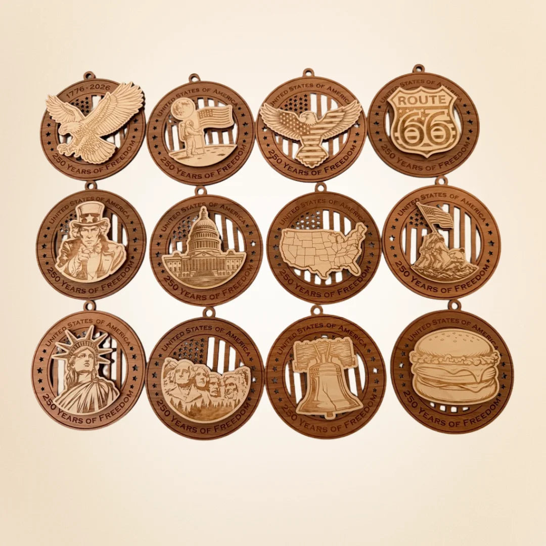 USA 250th Anniversary laser cut wood ornament Premium Cherry plywood back Premium Maple plywood front handmade in Arizona