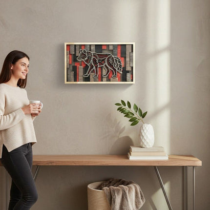 Cactus Air Designs 3D layered wood wall art featuring a geometric wolf in red, black, and grey wood on a gray wall above a wood console table with a woman holding coffee mug.