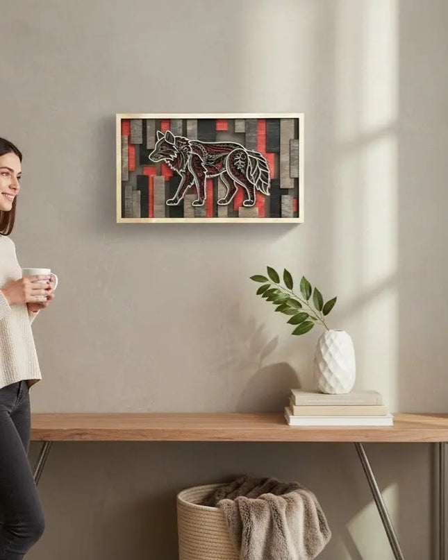 Cactus Air Designs 3D layered wood wall art featuring a geometric wolf in red, black, and grey wood on a gray wall above a wood console table with a woman holding coffee mug.