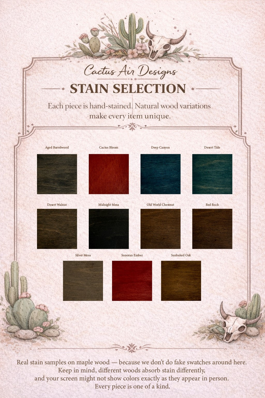 Cactus Air Designs wood stain selection chart featuring Highland cow art. Samples include Aged Barrelwood, Cactus Bloom, Deep Canyon, Desert Tide, Desert Walnut, Midnight Mesa, Old World Chestnut, Red Rock, Silver Mesa, Sonoran Ember, Sunbaked Oak.