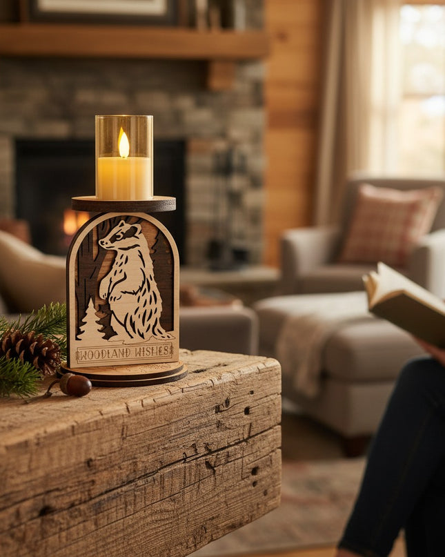 Living room scene with badger woodland candle holder on a table showing 6.5 inch height, handcrafted wood decor by Cactus Air Designs
