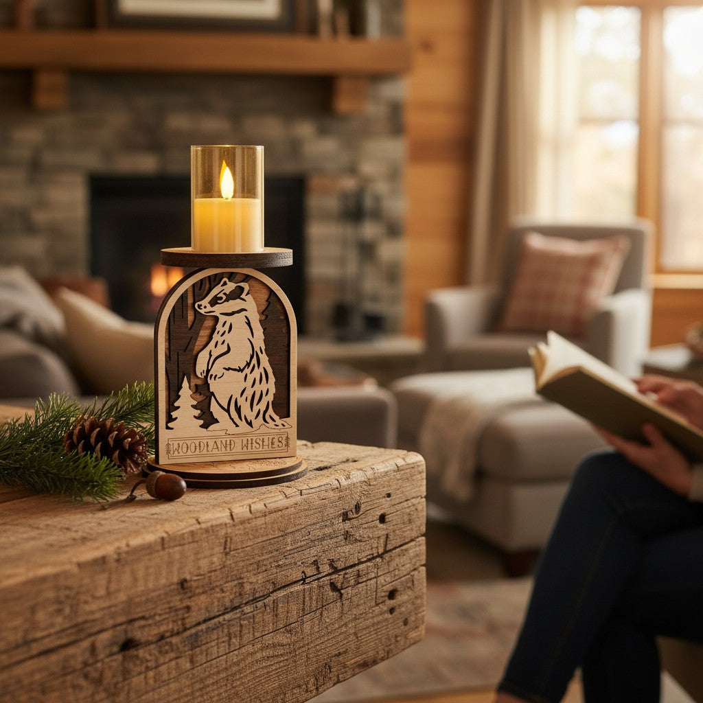 Decorative candle holder with badger design on a wooden surface in a cozy living room by Cactus Air Designs.