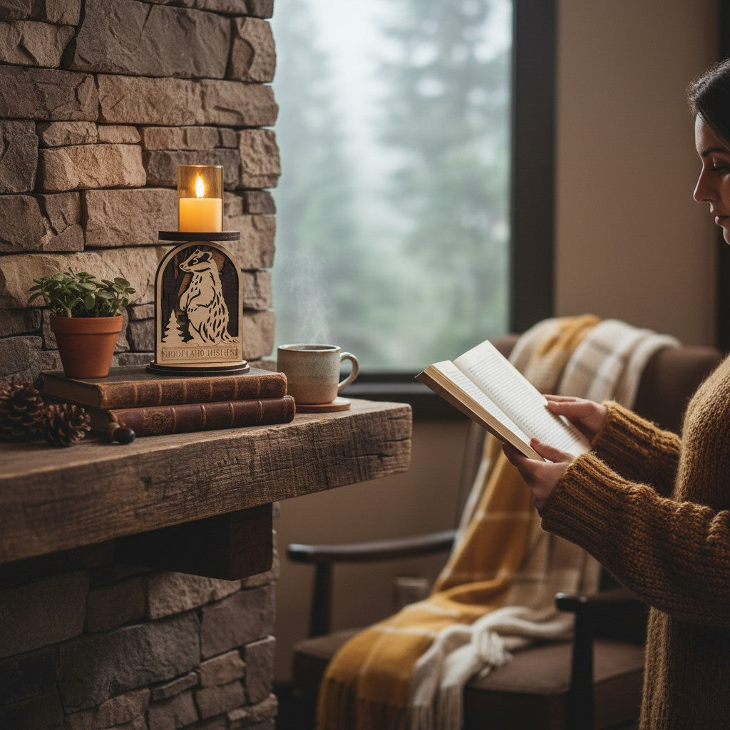 Laser-cut badger woodland candle holder displayed on rustic wood mantel with LED candle glowing, cozy cabin decor by Cactus Air Designs
