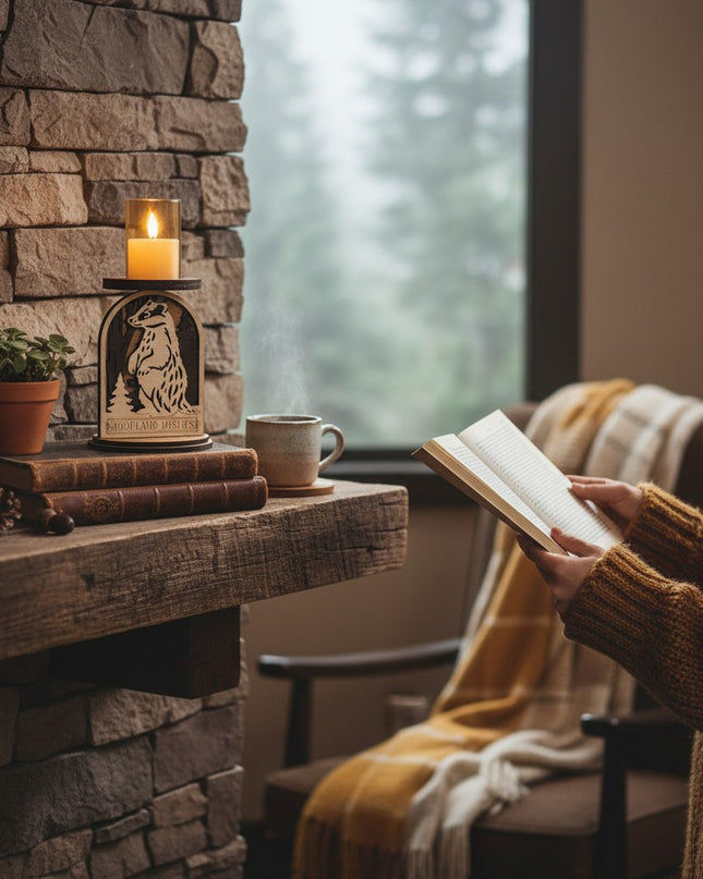 Person reading a book by a stone fireplace with a LED  candle with a badger on and cozy atmosphere by Cactus Air Designs. 
