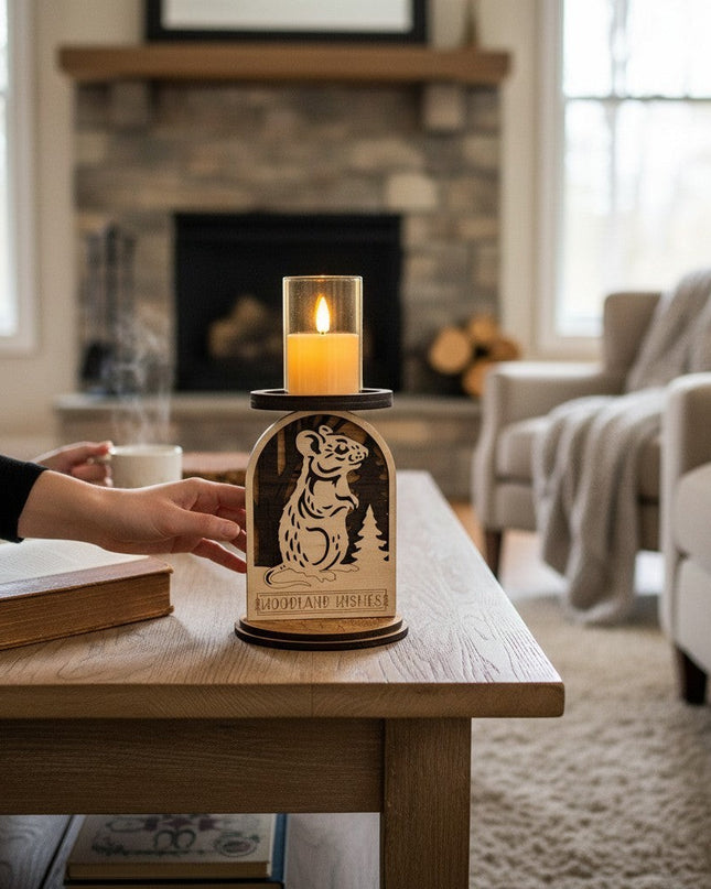 Cactus Air Designs wooden mouse candle holder with "Woodland Wishes" text, rustic forest decor.