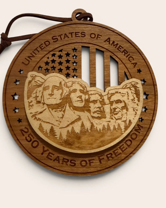 USA 250th Anniversary Mount Rushmore laser cut wood ornament Premium Cherry plywood back Premium Maple plywood front handmade in Arizona