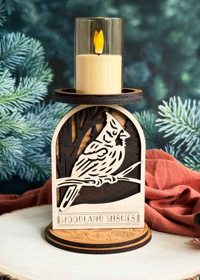 Cardinal Woodland Candle Holder | Rustic Wood Home Decor - Candle Holder - Cactus Air Designs