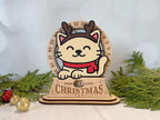 Hand-painted cat with antlers wooden Christmas countdown holiday décor