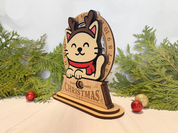 Hand-painted cat with antlers wooden Christmas countdown holiday décor.