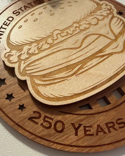 Detailed view of Cheeseburger 250 Years of Freedom laser cut wood ornament with detailed cheeseburger design