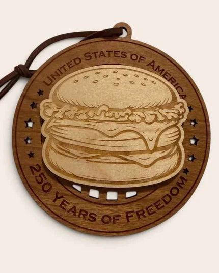 Front view of Cheeseburger 250 Years of Freedom laser cut wood ornament with detailed cheeseburger design